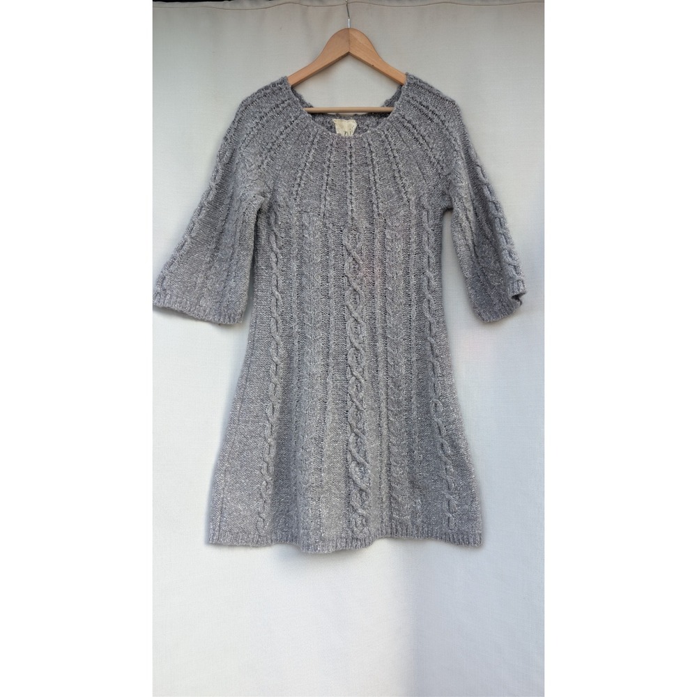 Kenji Womens L Gray Cable Knit Sweater Dress Wool Alpaca Blend Cottagecore
